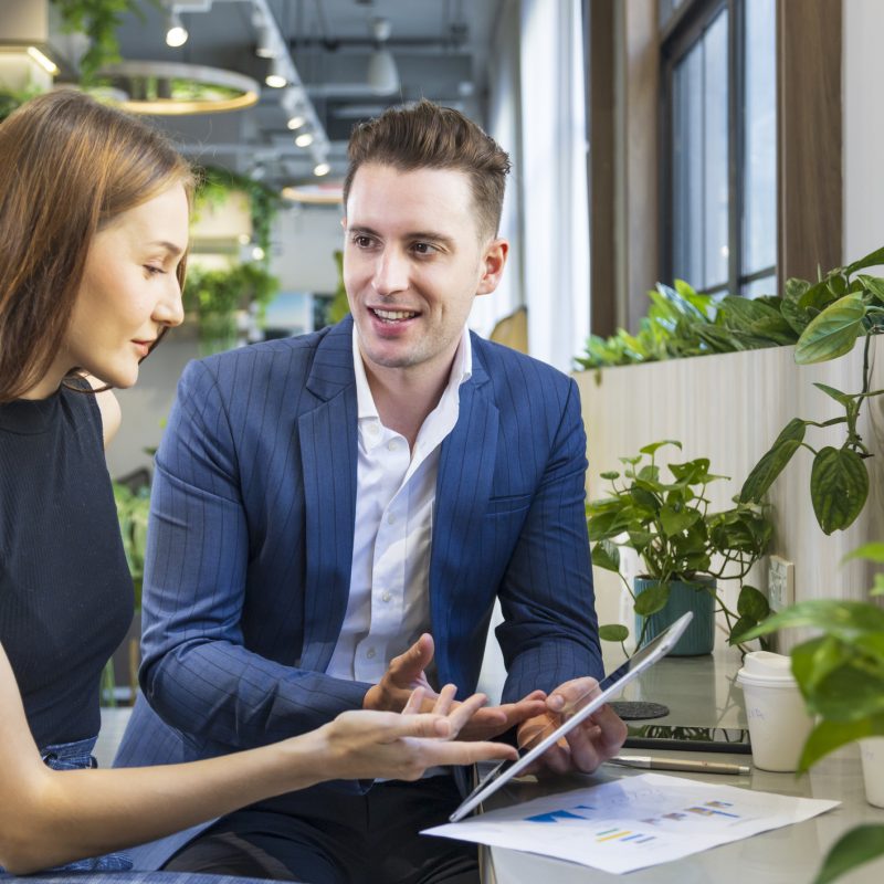 Geschäftsleute arbeiten an einer neuen Strategieplanung für das nächste Jahr – mit dem Laptop in einem umweltfreundlichen, modernen Arbeitsbereich in einem „Green Building“, umgeben von luftreinigenden Zimmerpflanzen.