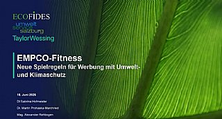 telbild der Präsentation ‚EMPCO-Fitness – Neue Spielregeln für Werbung mit Umwelt- und Klimaschutz‘ vor grünem Blätterhintergrund