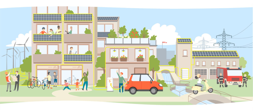 Illustration eines Wohnviertels mit mehrstöckigen Häusern, begrünten Balkonen und Photovoltaikanlagen auf den Dächern. Im Vordergrund gehen Menschen spazieren und fahren Rad, ein rotes Auto parkt an der Straße, im Hintergrund drehen sich Windräder.