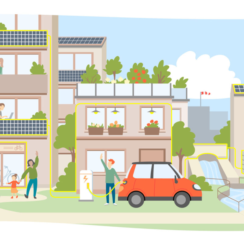 Illustration eines Wohnviertels mit mehrstöckigen Häusern, begrünten Balkonen und Photovoltaikanlagen auf den Dächern. Im Vordergrund gehen Menschen spazieren und fahren Rad, ein rotes Auto parkt an der Straße, im Hintergrund drehen sich Windräder.