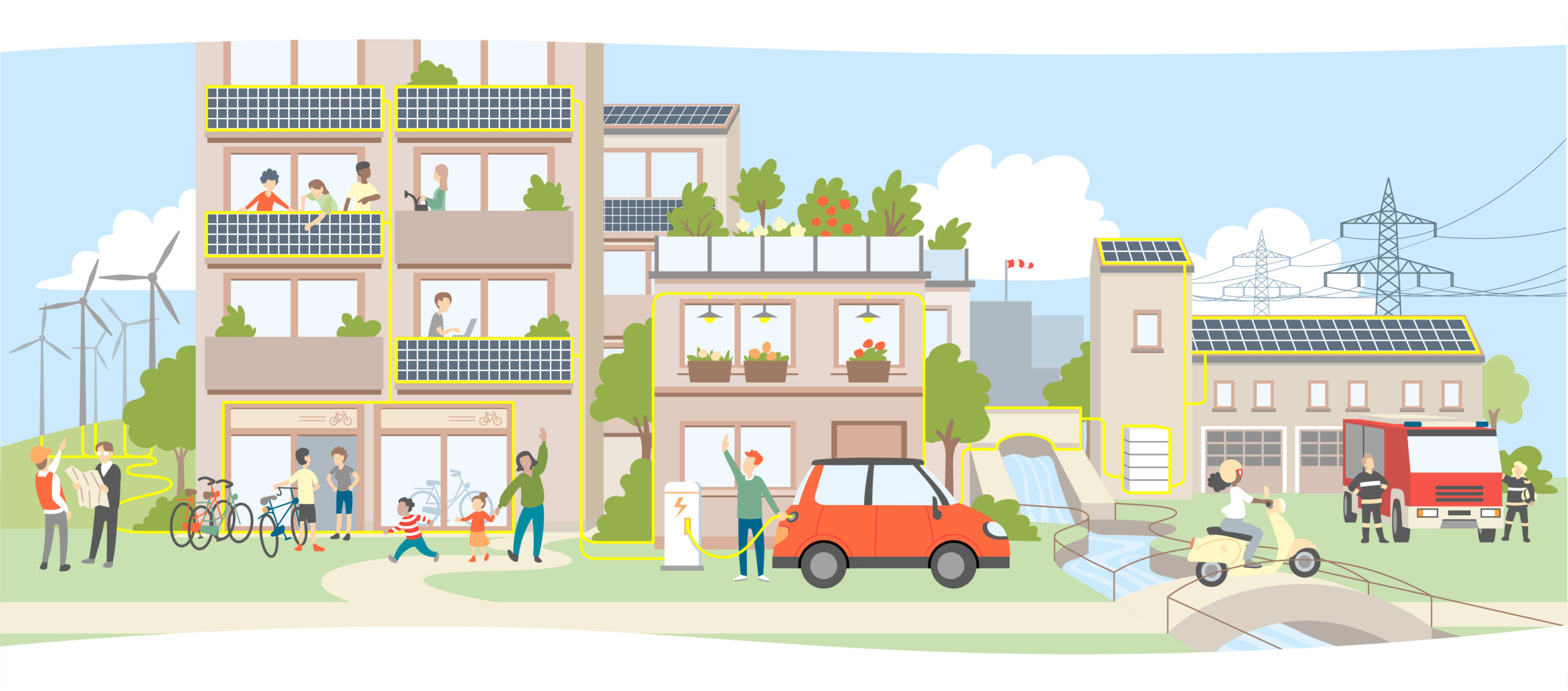 Illustration eines Wohnviertels mit mehrstöckigen Häusern, begrünten Balkonen und Photovoltaikanlagen auf den Dächern. Im Vordergrund gehen Menschen spazieren und fahren Rad, ein rotes Auto parkt an der Straße, im Hintergrund drehen sich Windräder.