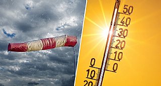 Windsack bei starkem Wind und Thermometer bei hohen Temperaturen