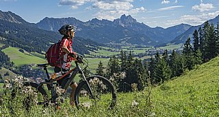 Mountainbikerin mit Fahrrad auf einer Almwiese mit Blick auf ein Bergpanorama